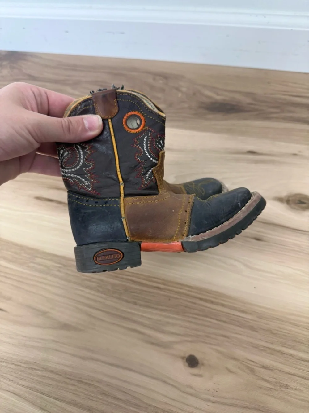 El General Brown & Black Kids Western Pull-On Boots with Orange Accents